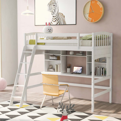 Lit mezzanine avec tablettes de rangement, bureau et échelle, parfait pour une utilisation compacte et multifonctionnelle dans les chambres modernes