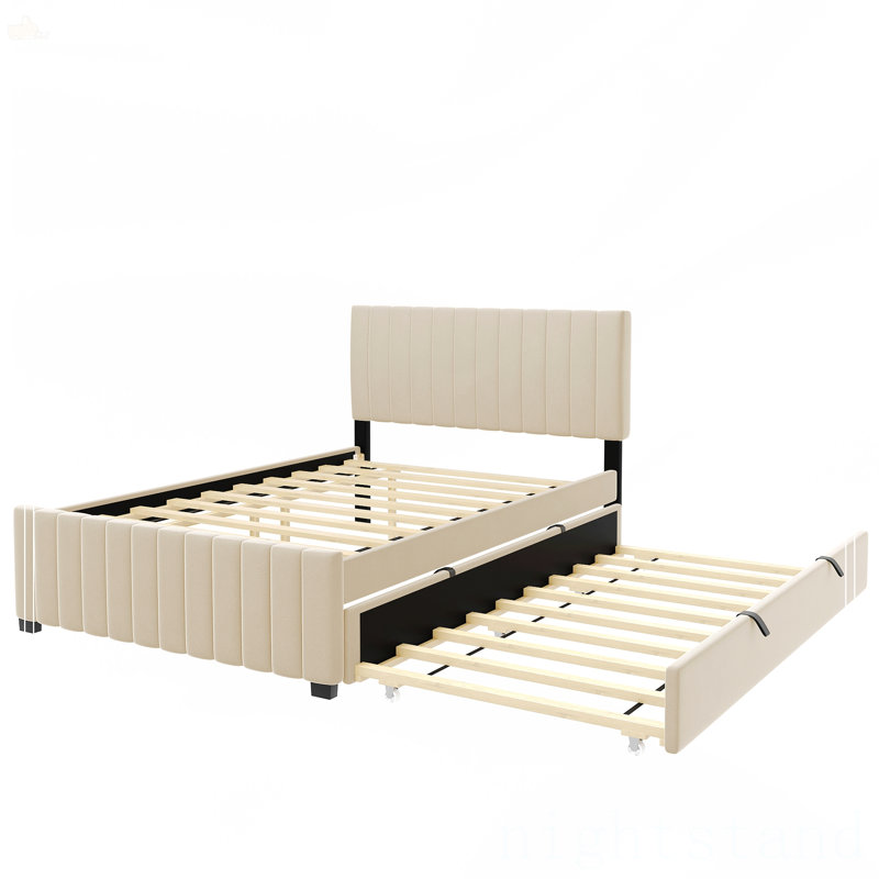 Lit plateforme double en velours avec lit gigogne, Beige