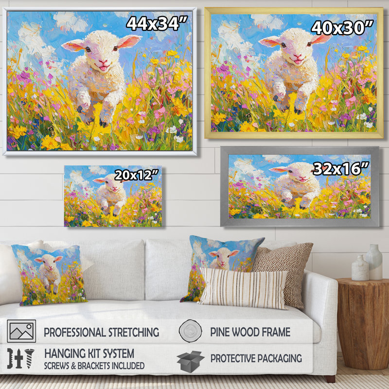 Durke, mignon agneau printanier s'amusant à la grange - mouton, art mural, H 28 po x l 60 po, Crème, crème