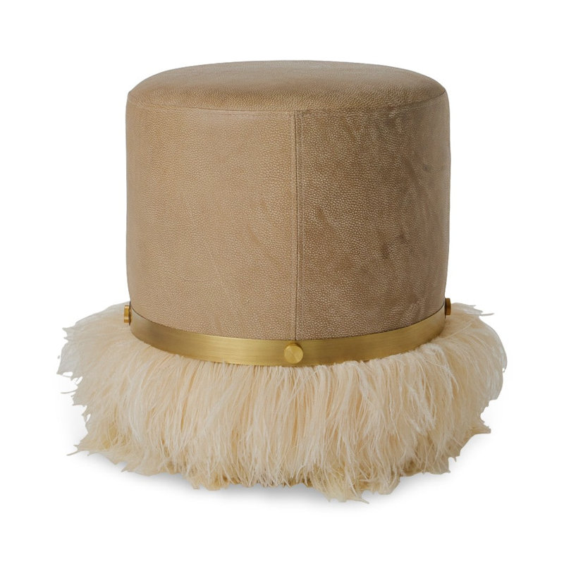 Leather Ostrich Fluff Pouf, Taupe/Cream