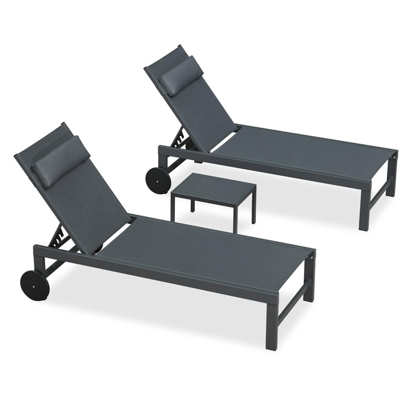 24.8" W Aluminum and Metal Reclining Outdoor Chaise Lounge Set with Wheels, Gray