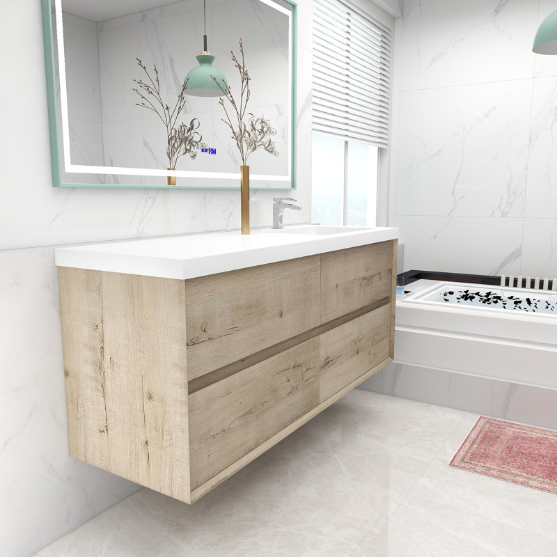 Ensemble de meuble-lavabo mural simple 60 po Moncear, Chêne clair