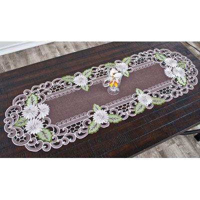Reanna White Daisy Green Leaves Table Runner