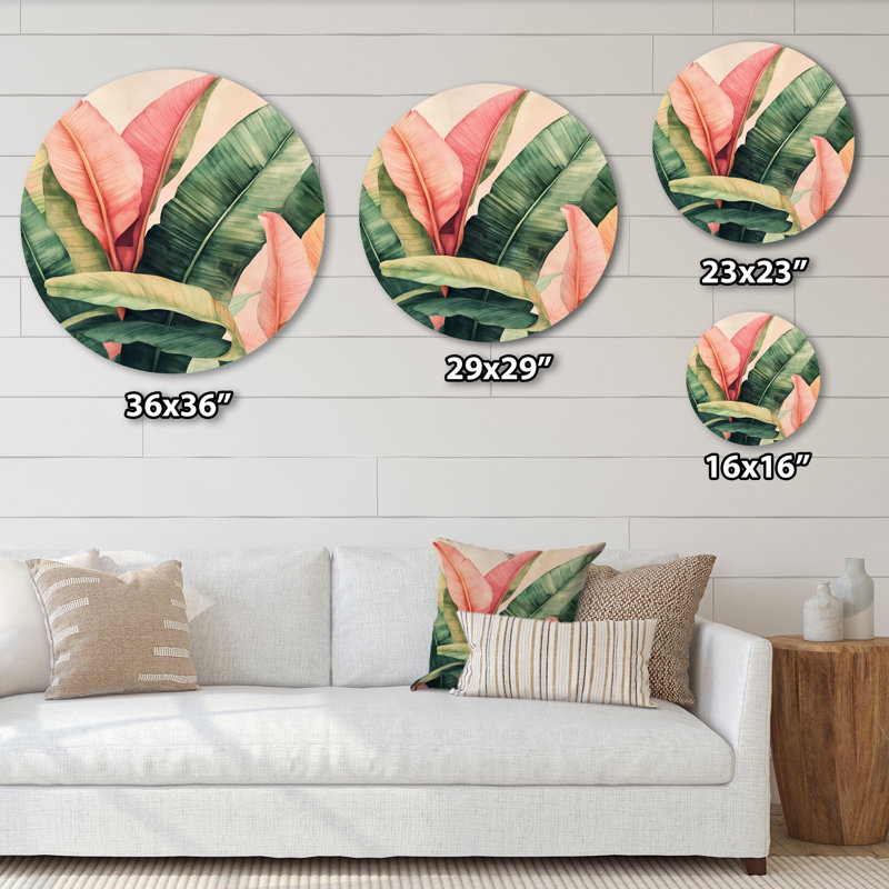 Jardin tropical de feuilles de bananier I - Décoration murale ronde en métal vert à thème botanique, H 16 po x l 16 po