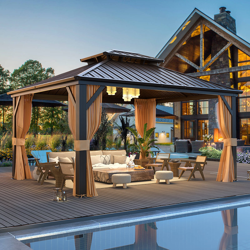 14' W x 12' D Hardtop Gazebo, Double Galvanized Steel Roof & Aluminum Frame for Hot Tub, Deck, Backyard, 14′ W × 12′ D, Brown