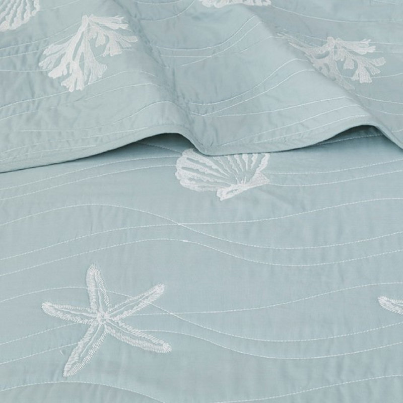 Ensemble de courtepointe en coton Aqua Coastal avec étoile de mer brodée, Courtepointe pour lit grand + deux taies décorati