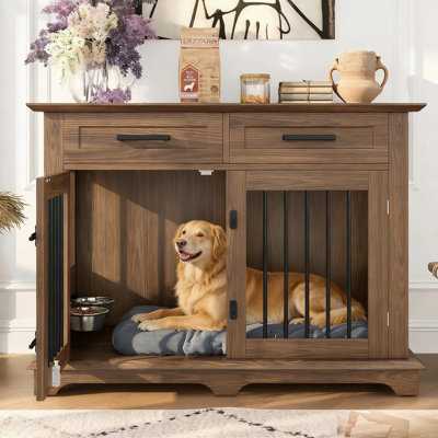Table de bout pour chien 44,48 po avec 4 tiroirs de rangement et bols rotatifs pour chiens de taille moyenne