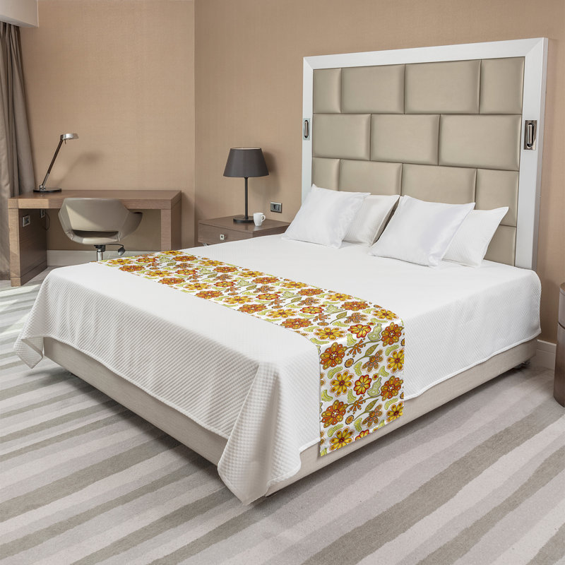 Chemin de lit à motif floral Ambesonne fleurs colorées moutarde vermillon blanc, Roi