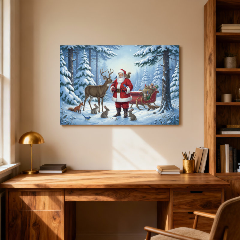 Père Noël de Noël avec des rennes et des animaux de la forêt, H 28 po x l 40 po