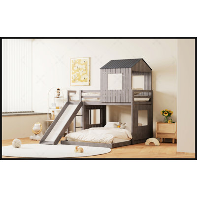 Wooden Twin Over Full Bunk Bed With Playhouse, Ladder, Slide, And Guardrails For Kids' Imagination And Safety
