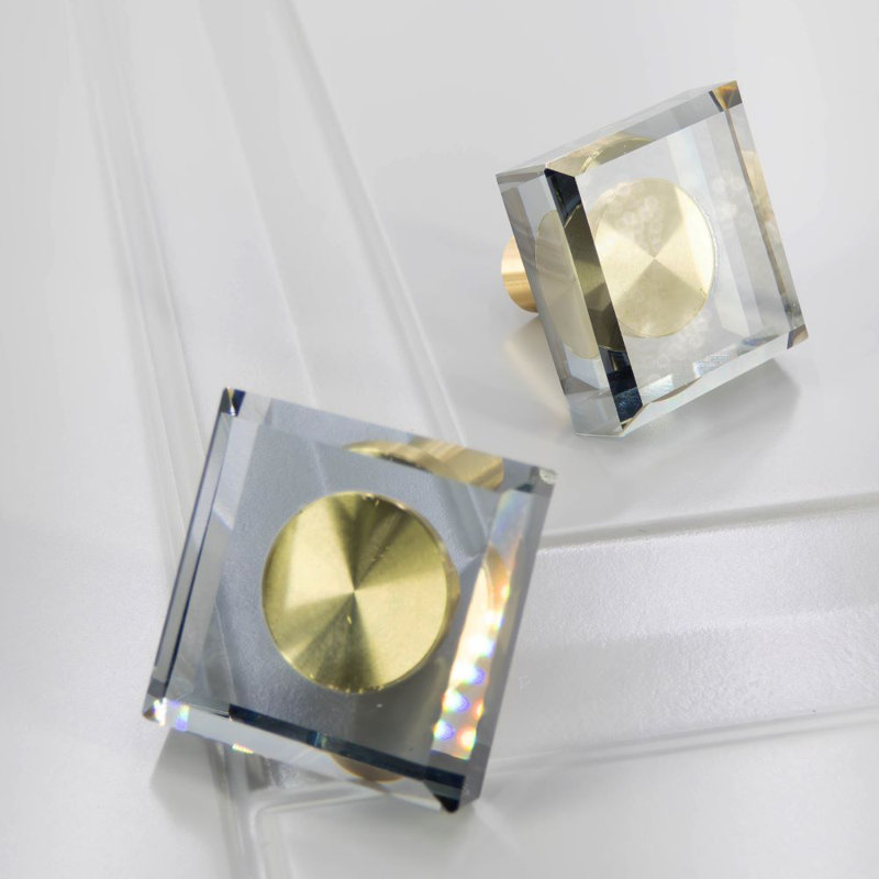 1 3/16" Square Clear Glass Knob, Brushed Brass/Black