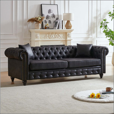 Living Room With Tech Fabric Chesterfield Sofa With Rolled Arms 3 Seater Sofa With Button Design And 2 Cushions For Apartment, Office, Living Room