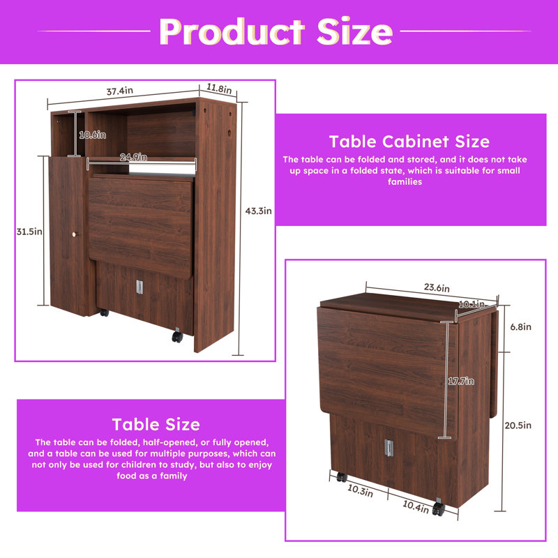 Folding Dining Table And Storage Sideboard With Charging Station, Multifunctional Space-Saving Kitchen Table With Wheels