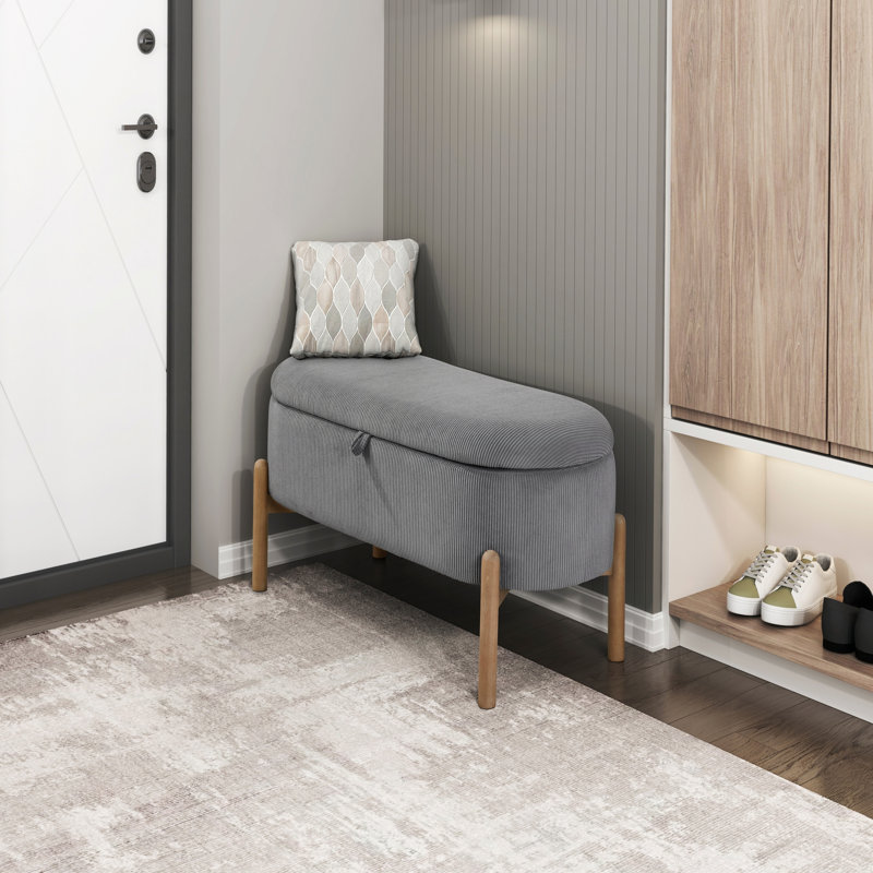 Banc de rangement avec assise rembourrée en velours côtelé gris et pieds en bois massif 1 pièce