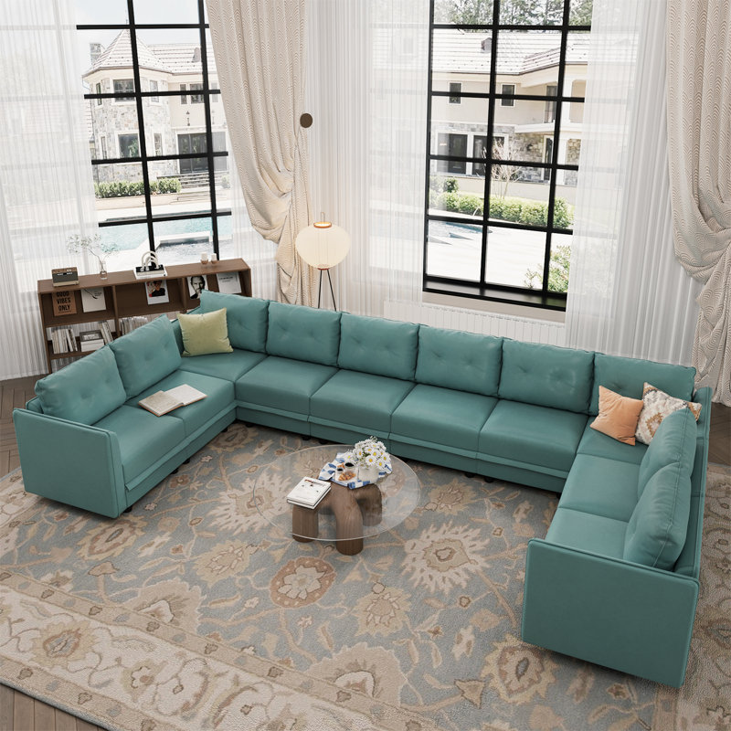 Cissiee Upholstered U-Shaped Sectional Right Hand Facing, Green Polyester Blend