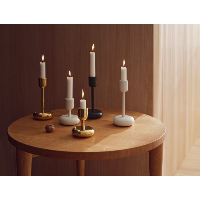 Juba H Tabletop Candlestick Holder with Candle Included, 4.25" H x 3.5" W x 3.5" D, Solid Brass
