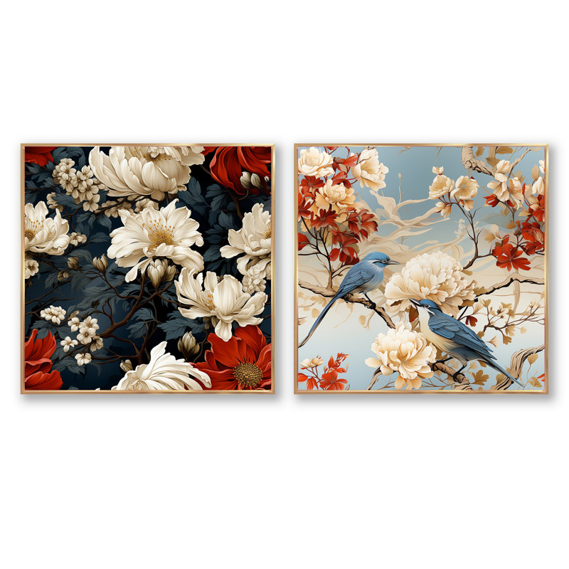Wetherby - Ensemble de 2 collages floraux carrés, Cadre flottant doré, H 36 po x l 73 po