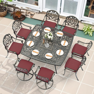 Ensemble de salle à manger de patio 9 pièces pour 8 personnes, ensemble de table et chaises de patio en aluminium coulé toutes saisons - grande table carrée de 64 po et 2 chaises berçantes pivotantes, 6 chaises fixes, trou pour parasol 2,2 po