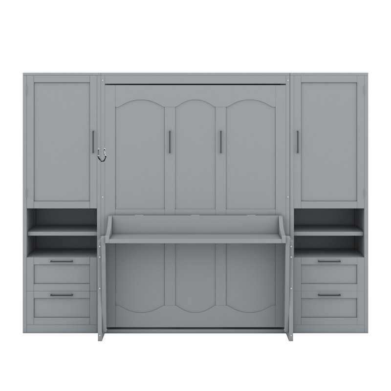 Lit escamotable Murphy avec placard, tiroirs et tablettes, Gris, Double