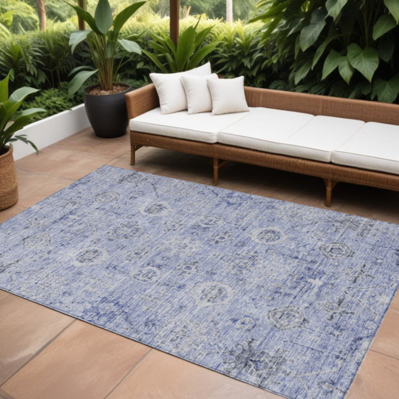Tapis intérieur lavable damassé bleu et gris 9 pi x 12 pi