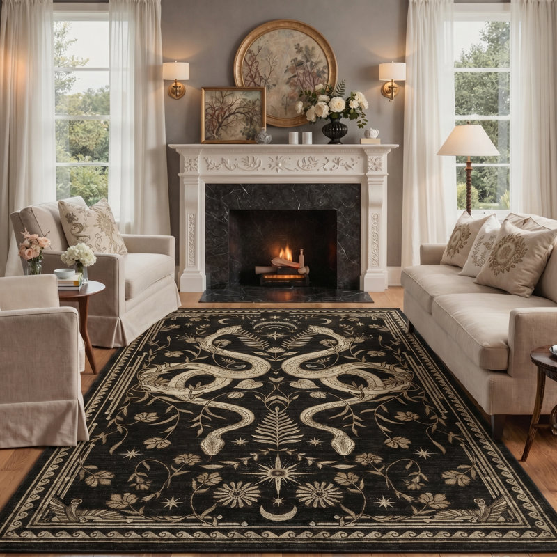 Animal Print Machine Washable Beige/Black/Green Indoor Area Rug With Non-Slip Backing, Rectangle 5' x 7'