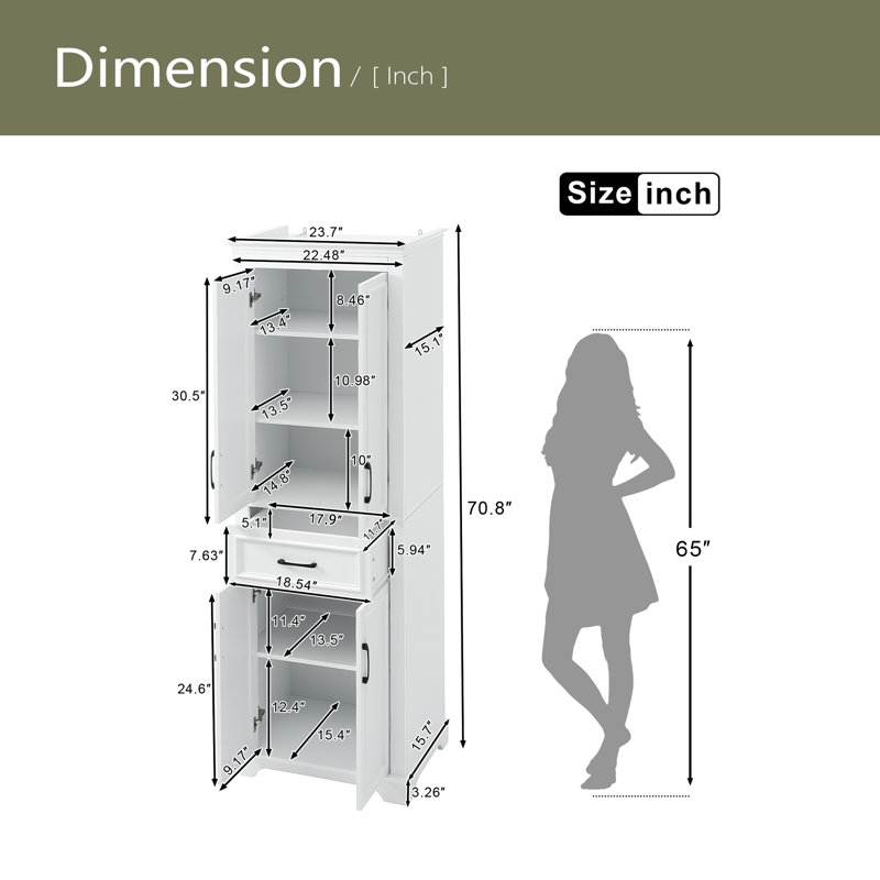 Meuble-lavabo autoportant de 70,8 po de conception moderne et élégante, 4 portes et 1 tiroir, rangement compact avec tablettes réglables, portes à charnières amortissantes