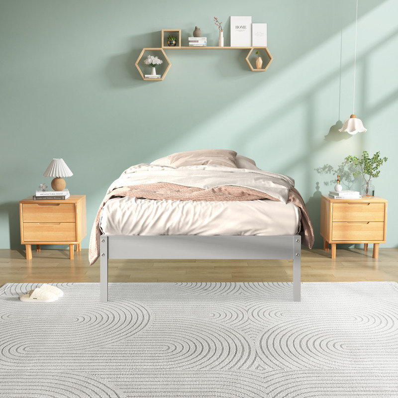 Base de lit plateforme en bois massif Tilon, Gris, Lit simple