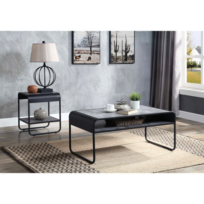 Table basse à structure en métal avec finition gris béton, tablette ouverte et structure Kd