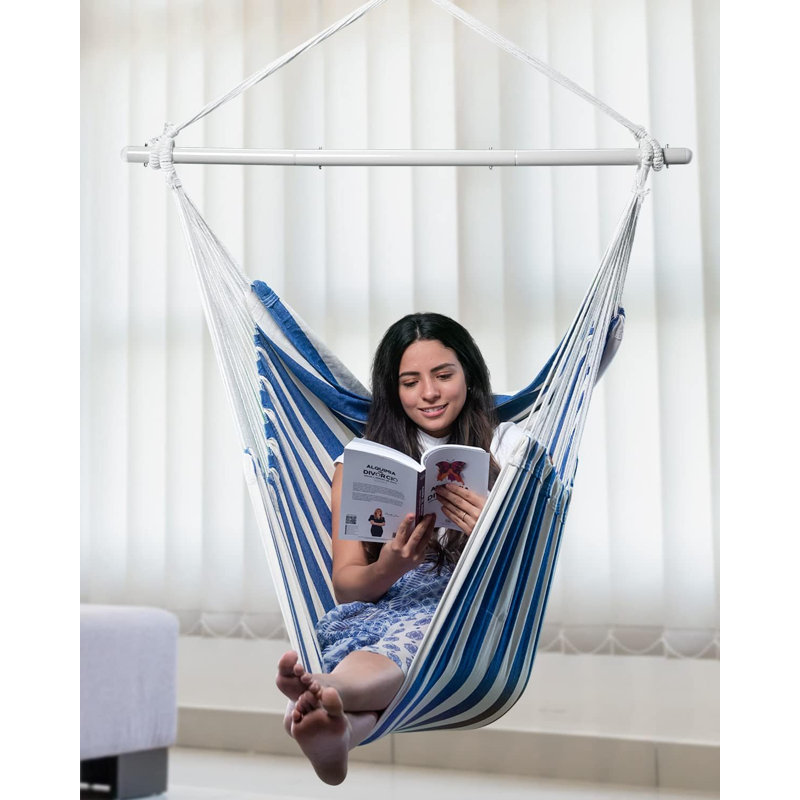 Chaise hamac suspendue avec corde et balançoire XXL - Max 500lbs, Bleu / blanc, L 71 po x P 47 po, Blanc