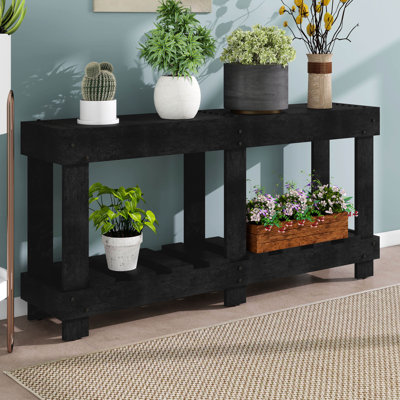 Table d'entrée rétro 62,9 po, bois de sapin massif avec grain naturel, 6 pieds renforcés, décor de rivet en métal et tablette sous la tablette