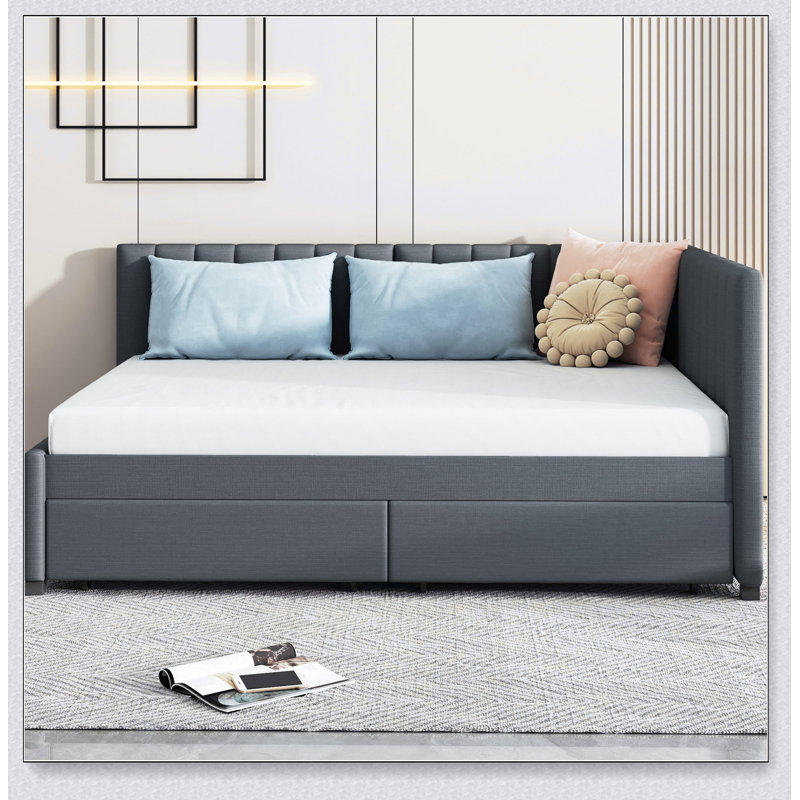 Full Upholstered Daybed With 2 Storage Drawers Sofa Bed Frame, Gray