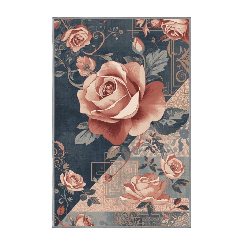 Machine Washable Oyan Pink Rose Florentiner Floral Rug in Gray – Gray Binding, 2x4