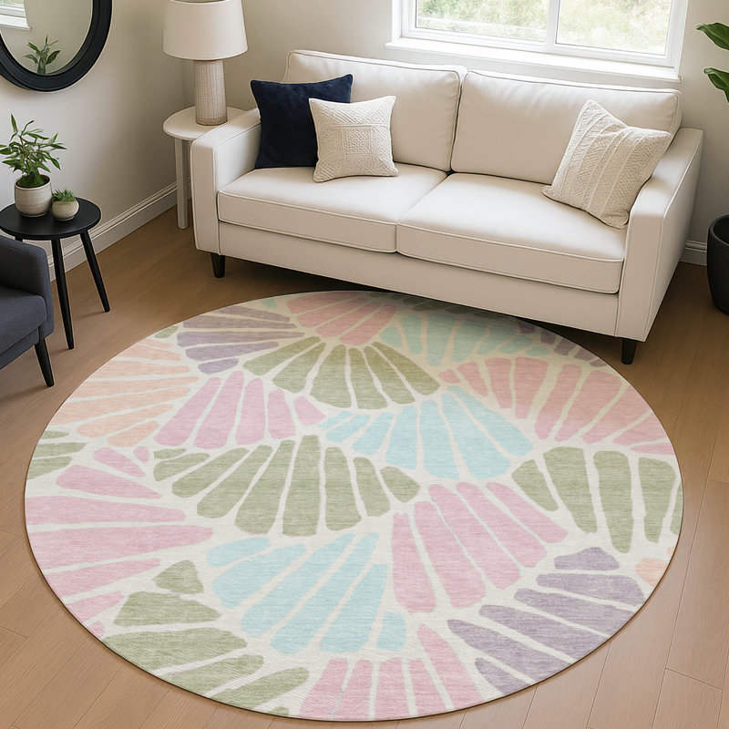 Machine Washable Indoor/Outdoor Jozwiak ACN2384 Floral Rug, Round 8'