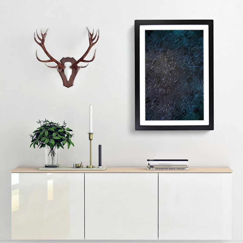 Geometric Blues in Abstract - Framed Print, 87cm H x 62cm W x 2cm D, Black Framed