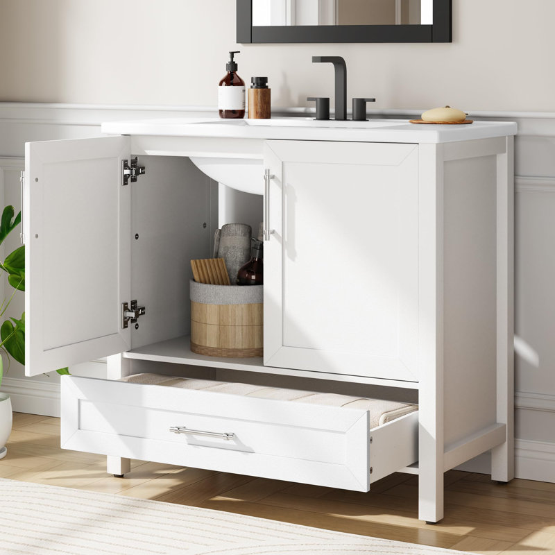 Bathroom Vanity with Ceramic Basin, Bathroom Storage Cabinet with Drawer and 2 Soft Closing Doors, 36", White