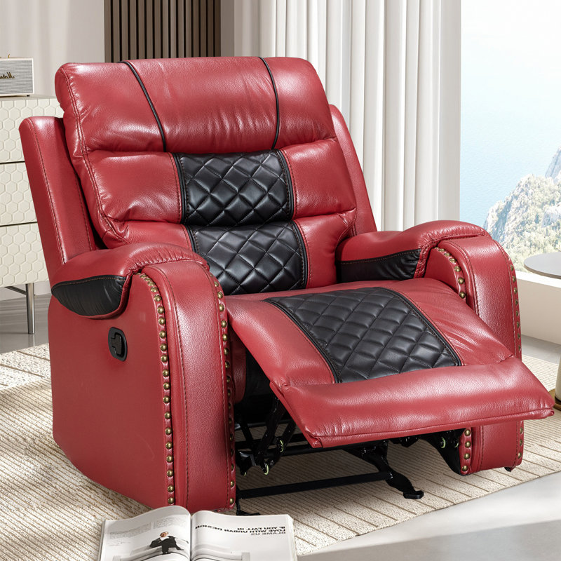 Abba Ambridge Crovetti Air Leather Rocker Recliner Chair Single Sofa with Diamond Stitching, Red/Black