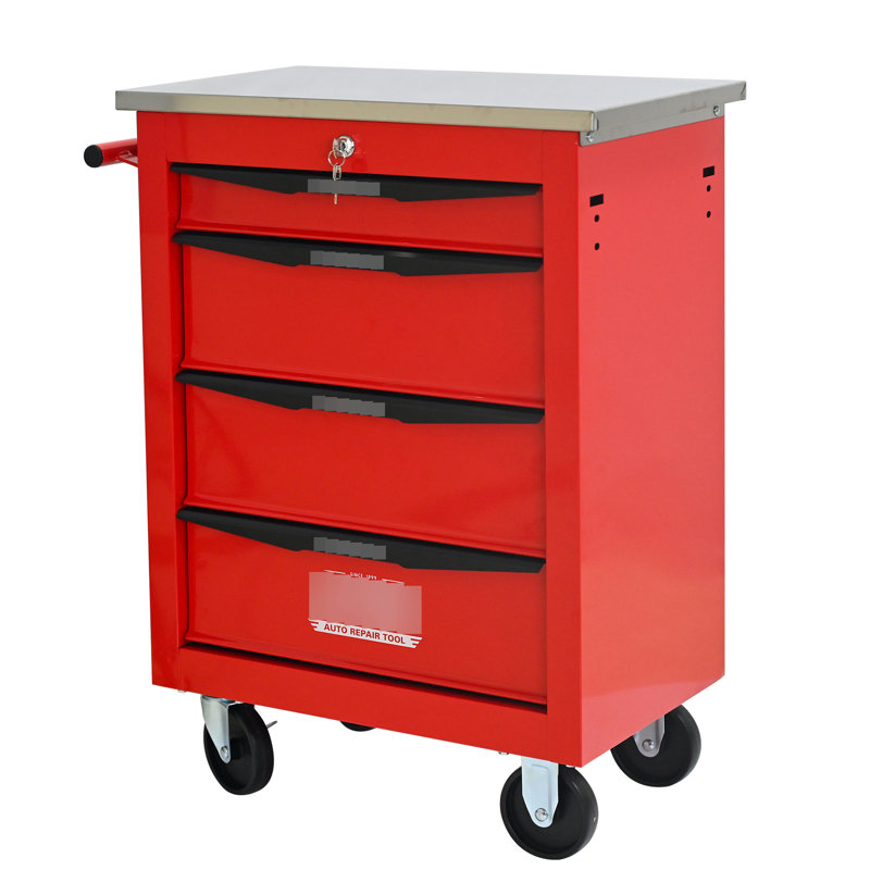 Chariot à outils multifonctionnel à 4 tiroirs rouge et noir avec roulettes et couvercle en acier inoxydable, pour le rangement dans un garage, la fonction de freinage, une poignée à tirer d'un côté, des tiroirs à roulement de charge de 15 kg,