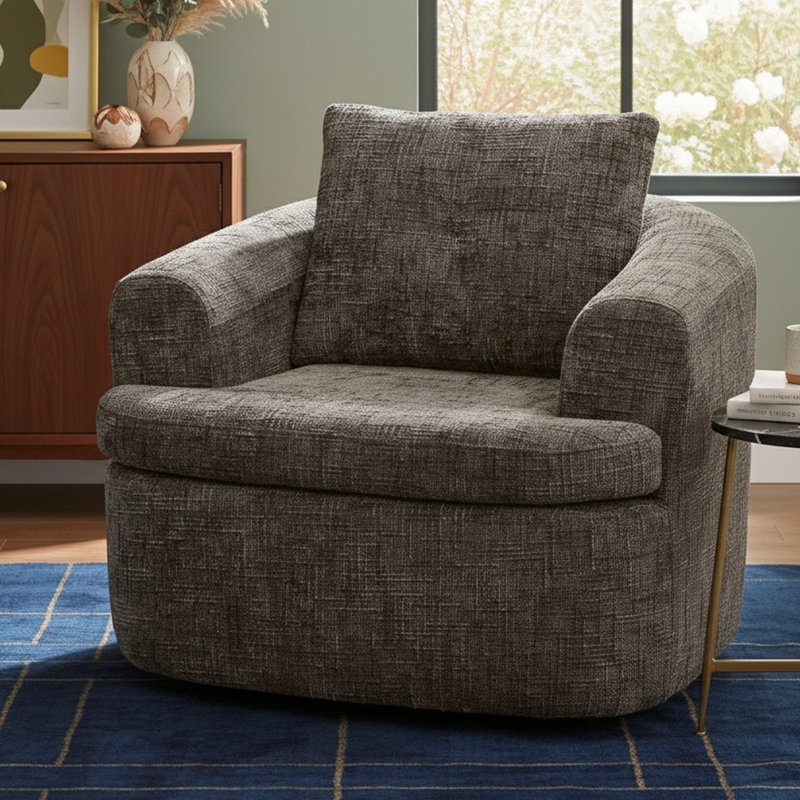 Fauteuil demi-tonneau pivotant rembourré, Chenille brun, 1