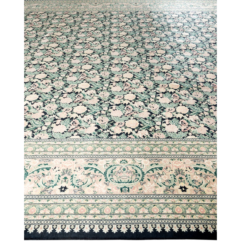 Tapis noir / rose / vert noué à la main de conception unique 12 pi 2 po x 17 pi 5 po Hayner