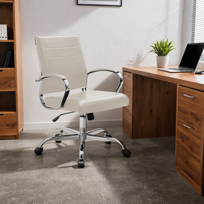 Mulkey Ribbed Faux Leather Mid-Back Office Chair, Mid Century Ergonomic Executive Desk Chair