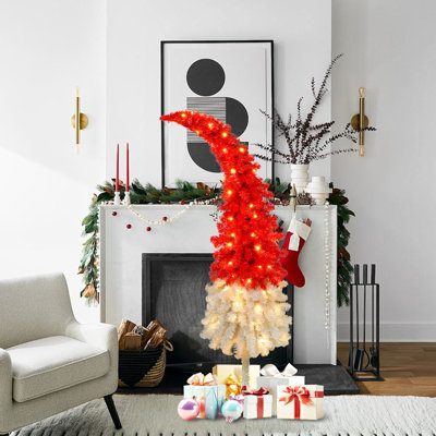? Décoration de Noël? Sapin de Noël artificiel à charnière de 5 pi, arbre de Noël pliable, décoration de Noël en forme de chapeau de père Noël, 400 branches luxuriantes, 100 lumières DEL de Noël