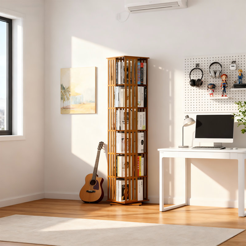 70.5" H x 14.6" W 6-Tier Bamboo Rotating Bookshelf, 360° Revolving Bookcase Corner Freestanding Storage Organizer, Brown