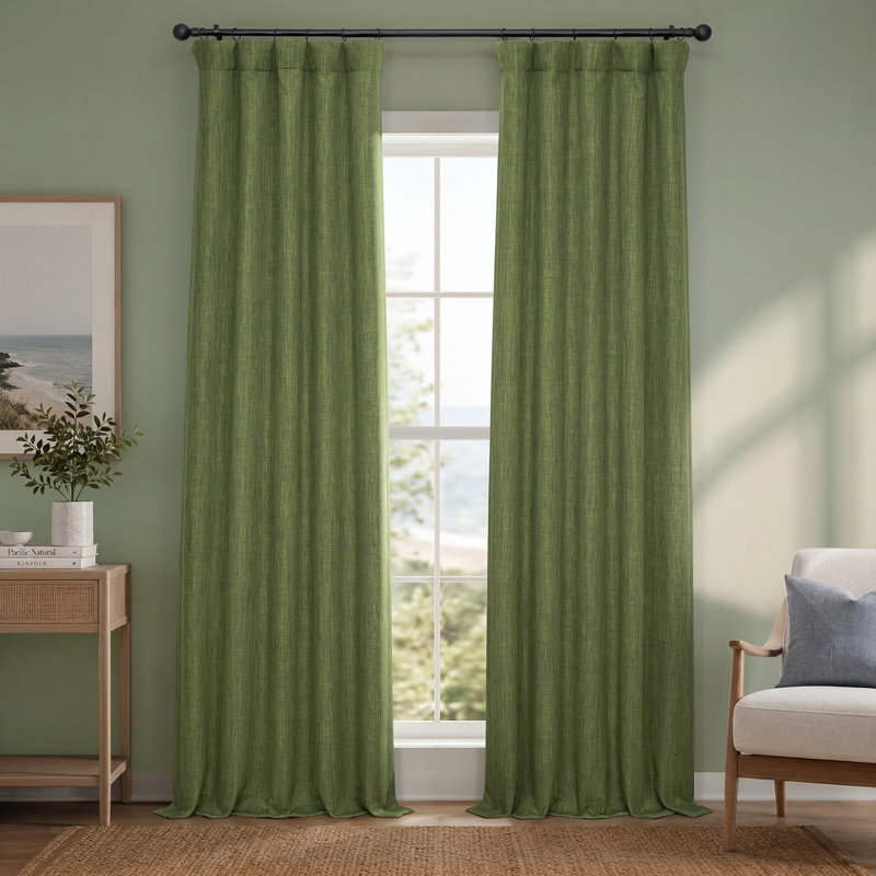 Ottis Faux Linen Room Darkening Curtain Panel, Tuscany Green, 50" W x 84" L