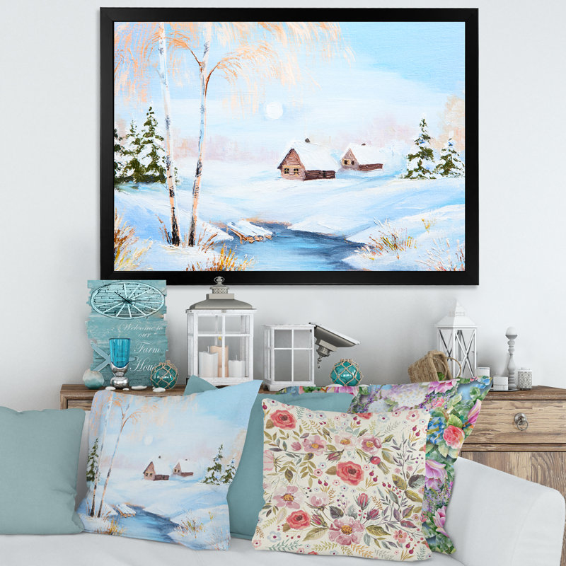 «Winter Landscape Frozen River In The Forest», peinture sur toile, H 16 po x l 32 po x p 1 po, Cadre noir