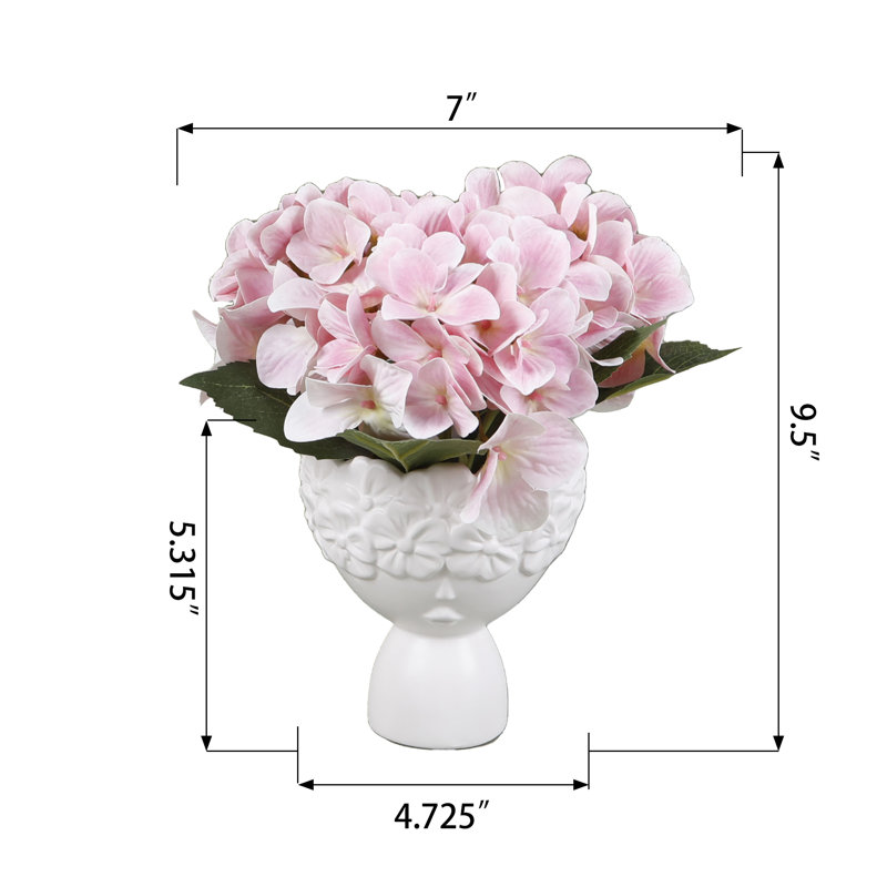 Hortensia H 10,5 po en céramique 4,25 po 4,25 * 4,25 * 4,25, H 9,5 po x l 7 po x P 7 po, Rose, Blanc