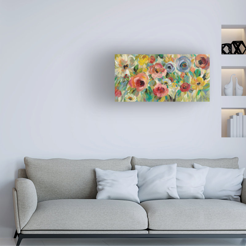 «Vivid Coral Floral I» par Silvia Vassileva, peinture sur toile tendue, H 24 po x l 47 po x P 2 po