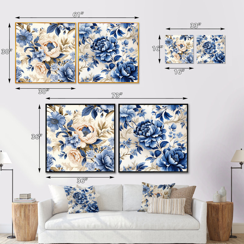 Motif victorien rococo bleu cobalt victorien, H 36 po x l 73 po, Toile tendue
