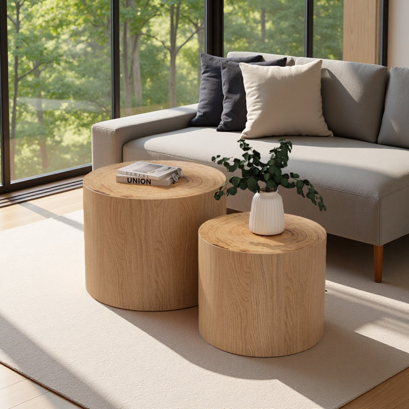 Ensemble de 2 tables basses gigognes, tables basses rondes modernes, tables d'appoint circulaires en bois pour petits espaces salon chambre balcon bureau