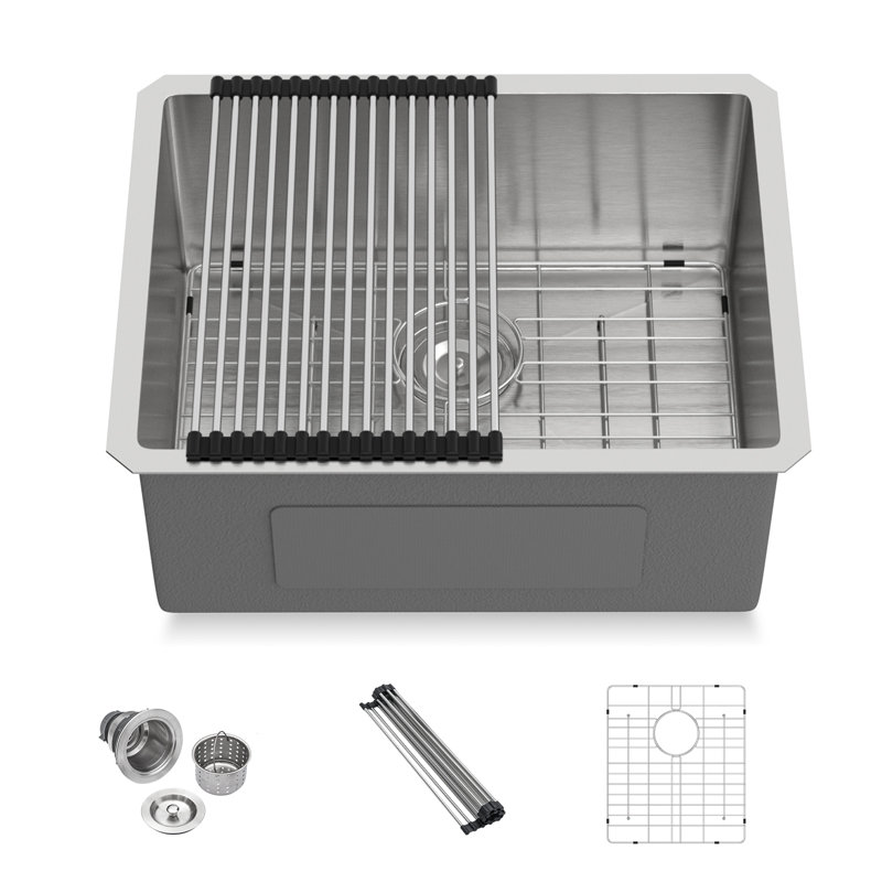 25" L x 22" W Undermount Bar Sink Single Bowl Prep Sink 16 Gauge Stainless Steel Kitchen Bar Sink, Silver