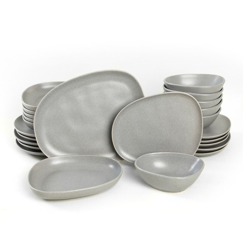 Service de table en céramique 24 pièces, gris | 100% grès céramique, résistant aux chocs thermiques et antibactérien | Comprend 6 assiettes de service (11,8 po), 6 assiettes plates (9,1 po), 6 bols (6,3 po), 6 assiettes à dessert (9,1 po) | Va au lave-vaisselle et au micro-ondes, facile à nettoyer